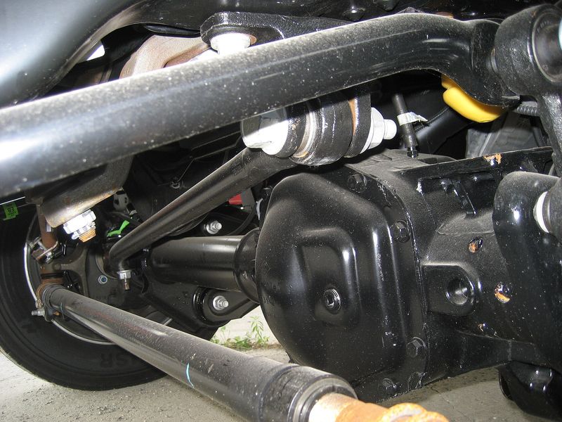 Underside view of a Dana Super 60 solid front axle with steering linkage